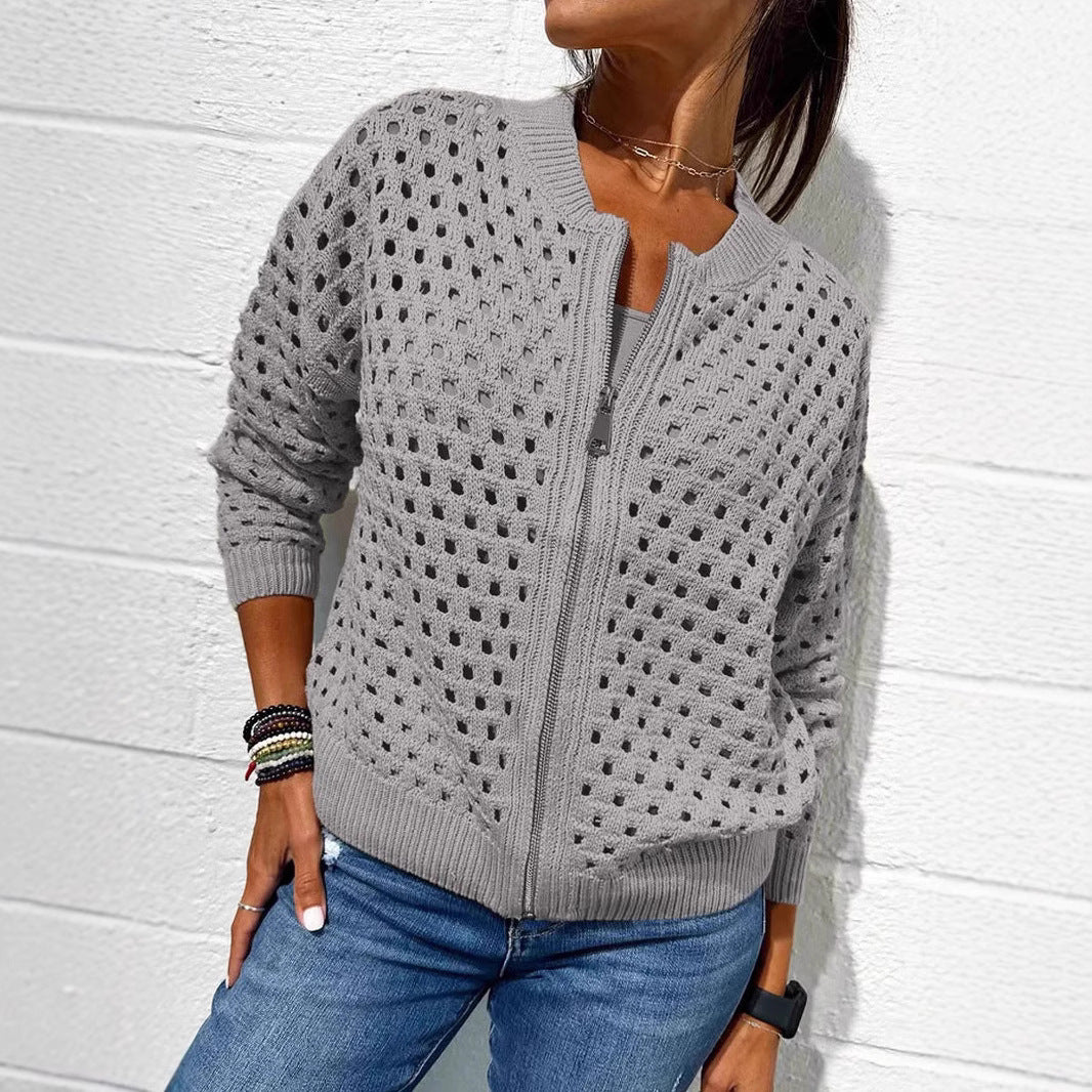 Fashion Hollow Knitted Jacket Zip-up Long-sleeved Tops Women's Clothing - Image 2