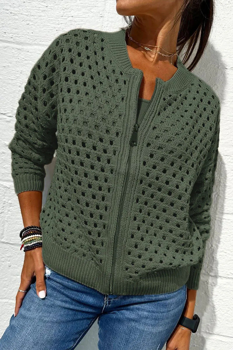 Fashion Hollow Knitted Jacket Zip-up Long-sleeved Tops Women's Clothing - Image 13