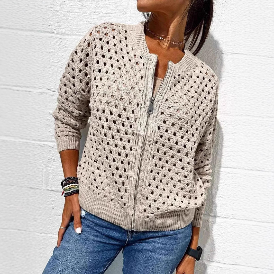Fashion Hollow Knitted Jacket Zip-up Long-sleeved Tops Women's Clothing - Image 4
