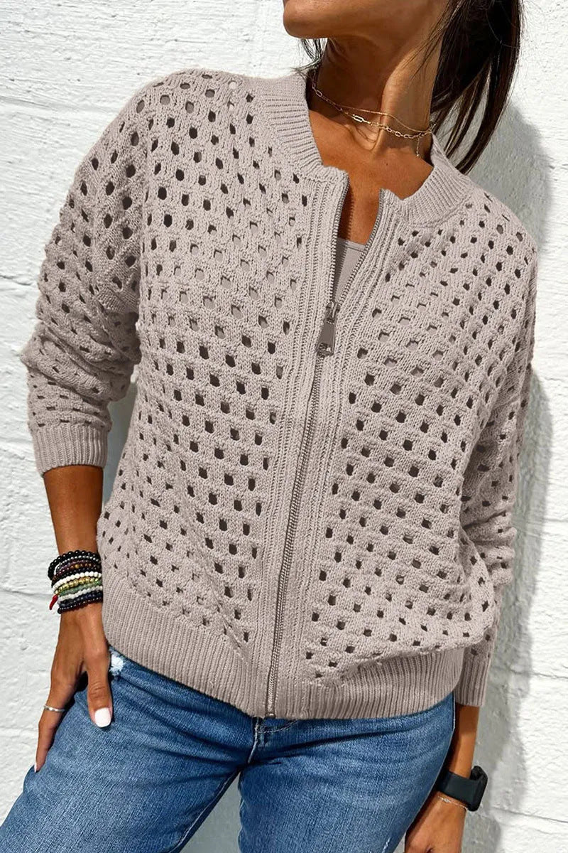 Fashion Hollow Knitted Jacket Zip-up Long-sleeved Tops Women's Clothing - Image 7