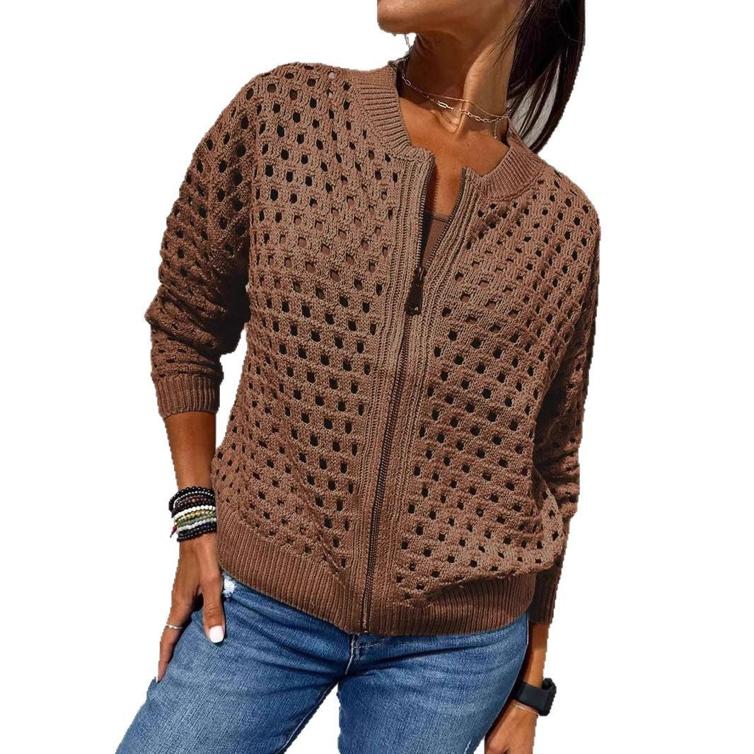 Fashion Hollow Knitted Jacket Zip-up Long-sleeved Tops Women's Clothing - Image 5