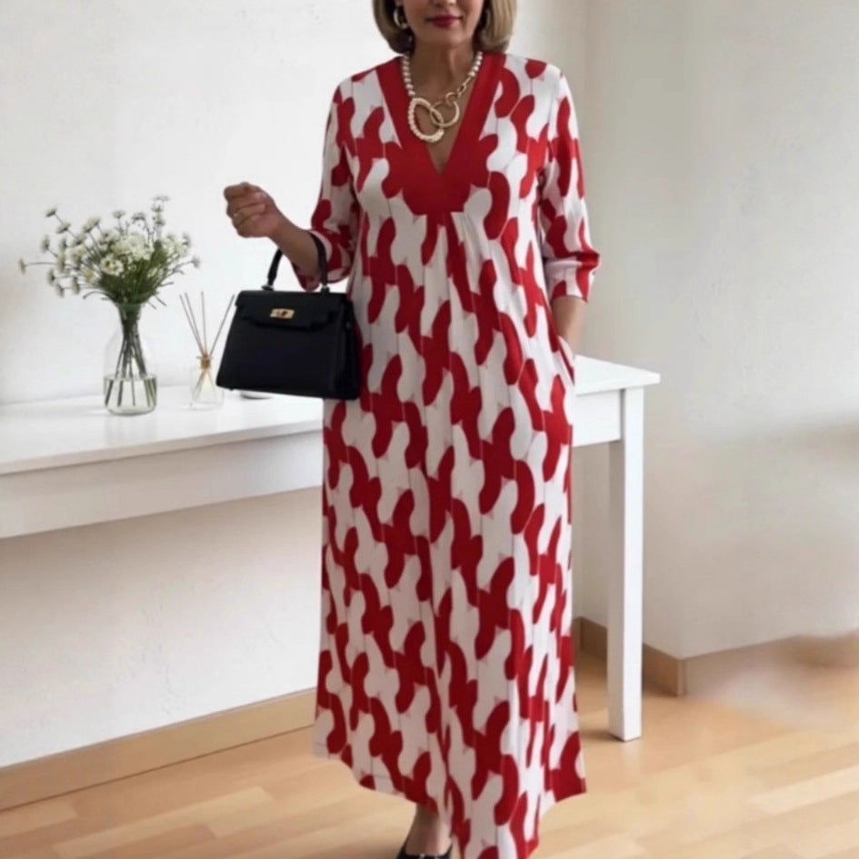 Womens V-neck Printed Dress Loose Fit For Comfort And Ease - Image 3