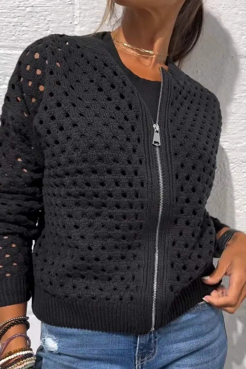 Fashion Hollow Knitted Jacket Zip-up Long-sleeved Tops Women's Clothing - Image 6