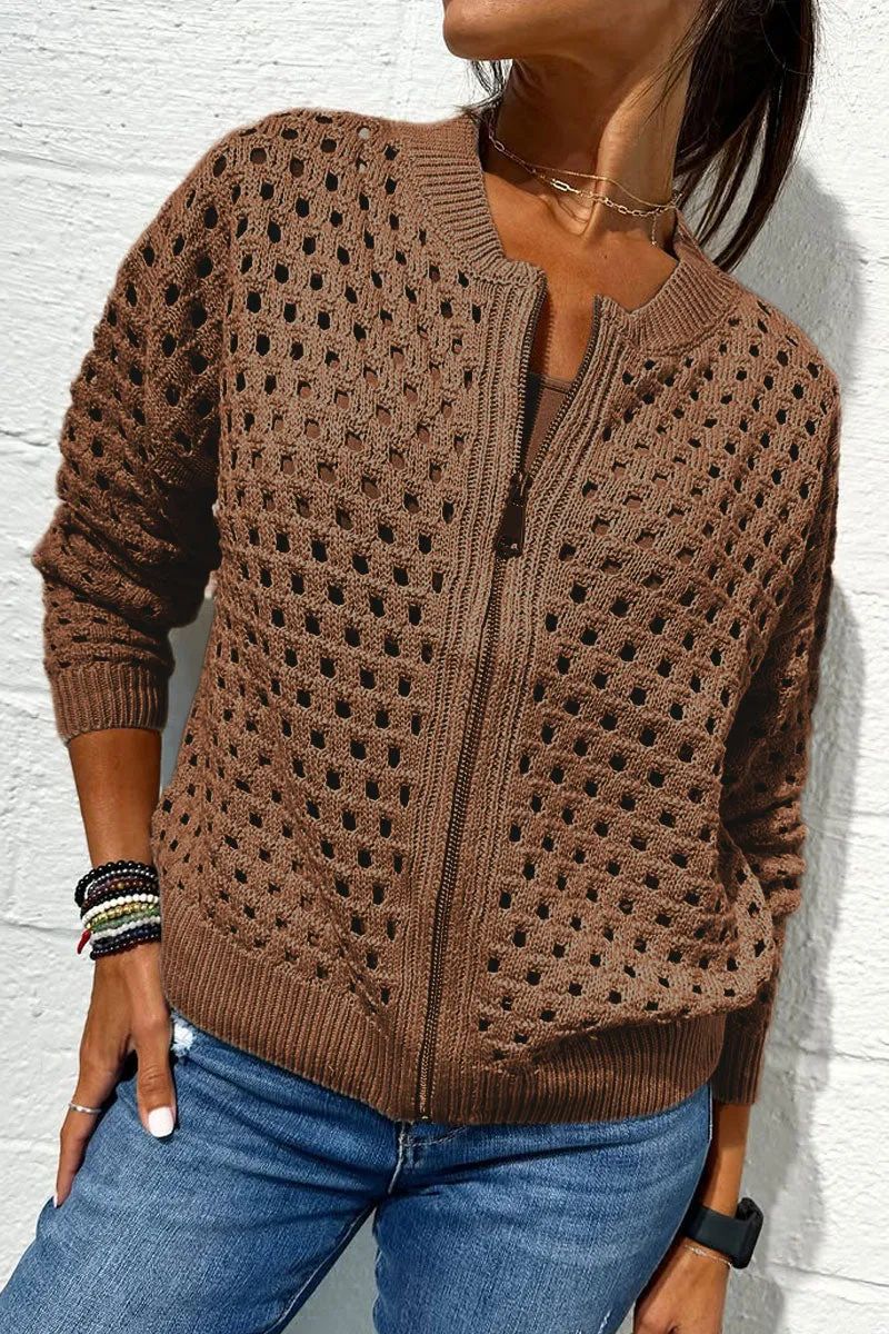 Fashion Hollow Knitted Jacket Zip-up Long-sleeved Tops Women's Clothing - Image 11