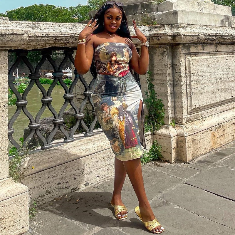 Fashionable Printed Backless Skirt With Half-Length Body-Hugging Fit And Side Slit For Women - Image 2