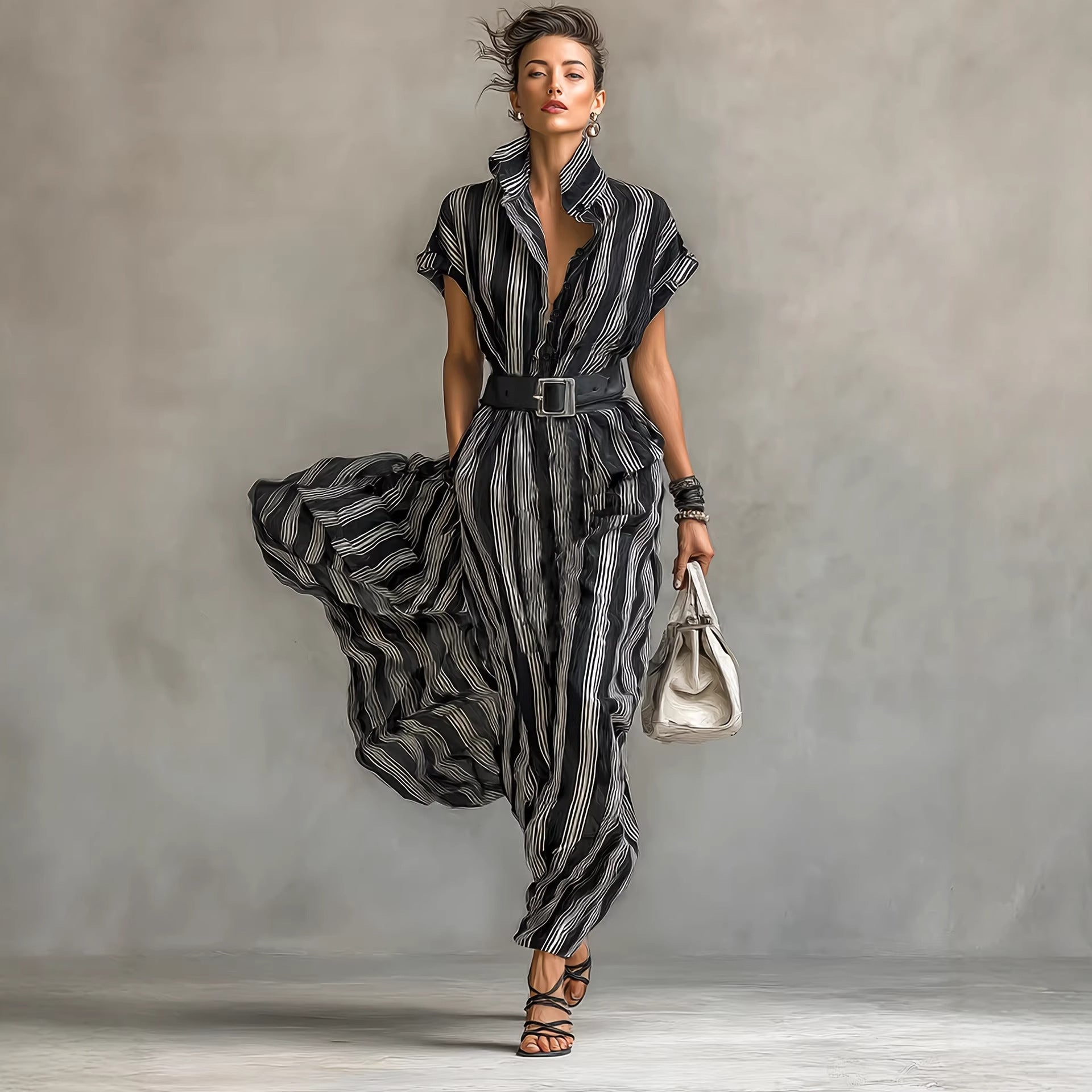 Elegant Womens Outfit Belted Short-sleeve Striped Shirt Dress