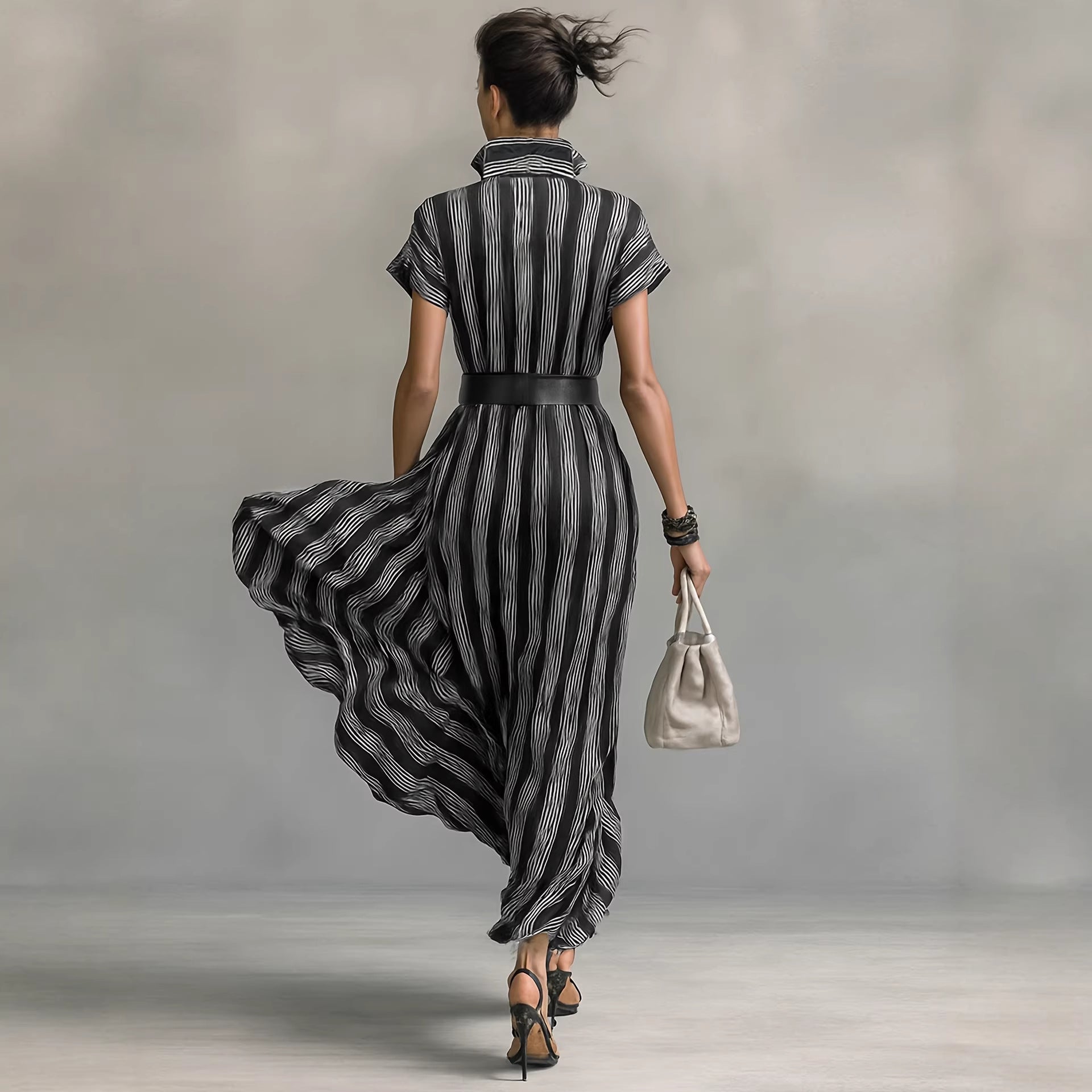Elegant Womens Outfit Belted Short-sleeve Striped Shirt Dress - Image 2