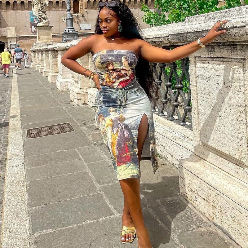 Fashionable Printed Backless Skirt With Half-Length Body-Hugging Fit And Side Slit For Women - Image 6