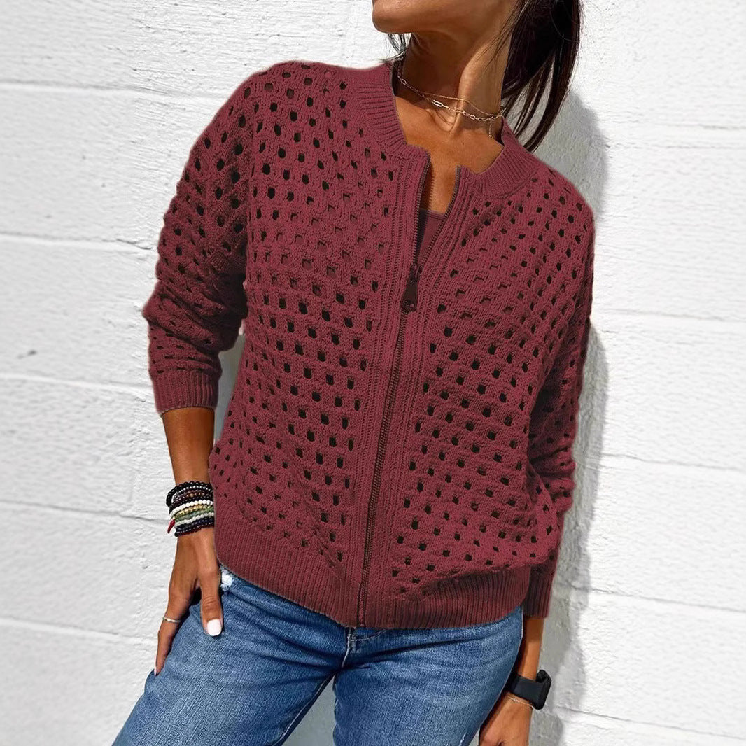 Fashion Hollow Knitted Jacket Zip-up Long-sleeved Tops Women's Clothing - Image 3