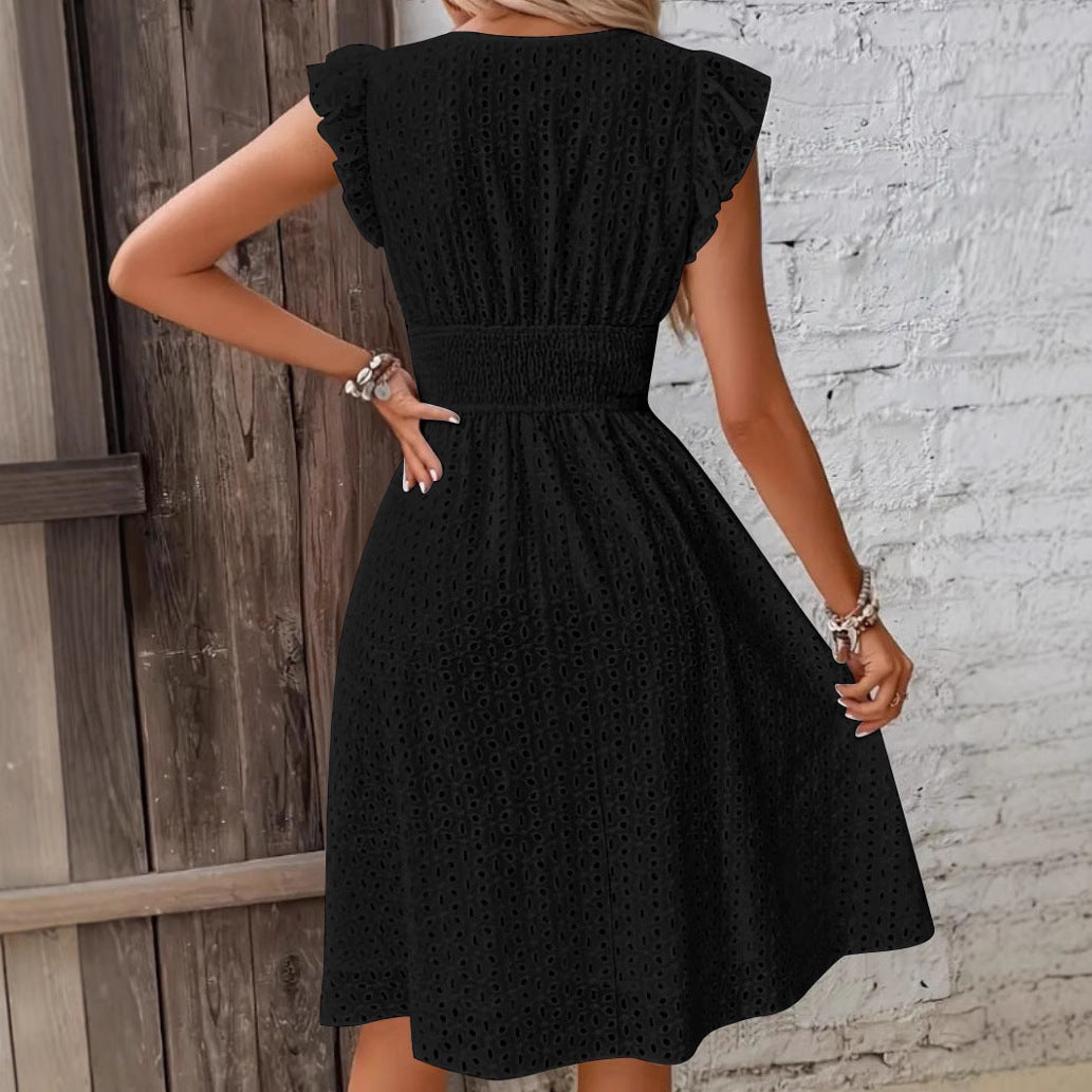Lotus-Leaf Sleeve V-Neck Hollow-Out Embroidered Dress - Image 4