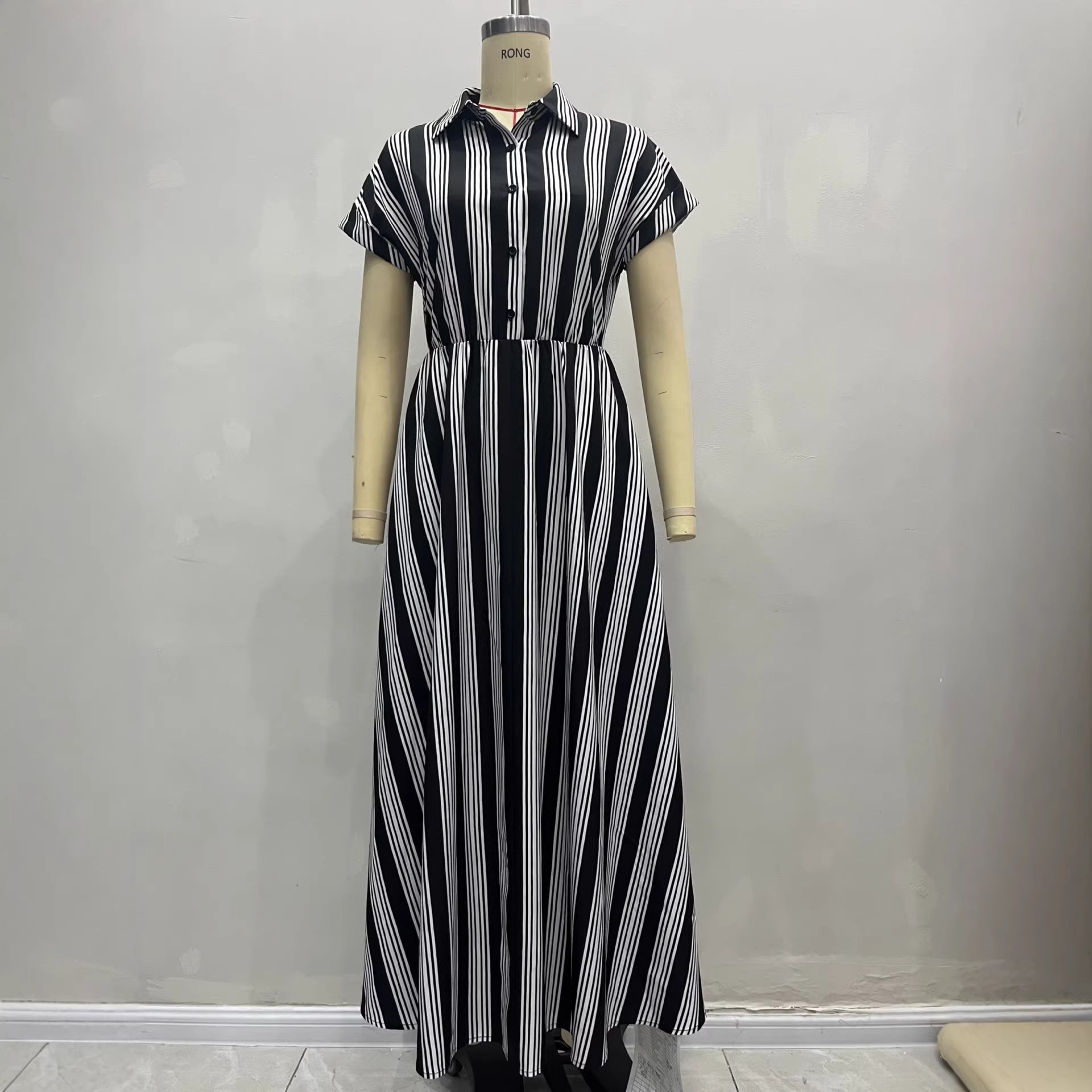 Elegant Womens Outfit Belted Short-sleeve Striped Shirt Dress - Image 3
