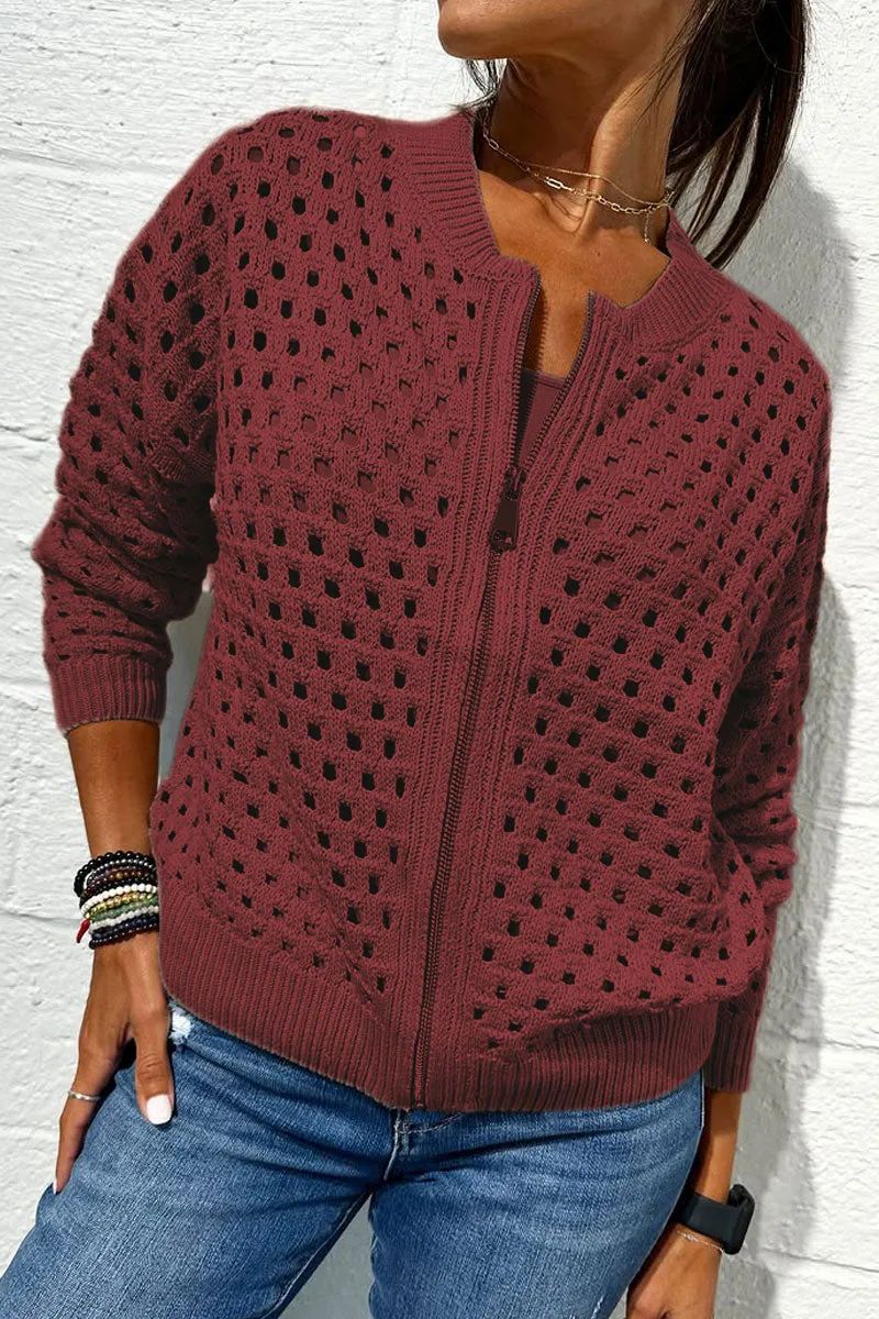 Fashion Hollow Knitted Jacket Zip-up Long-sleeved Tops Women's Clothing - Image 9