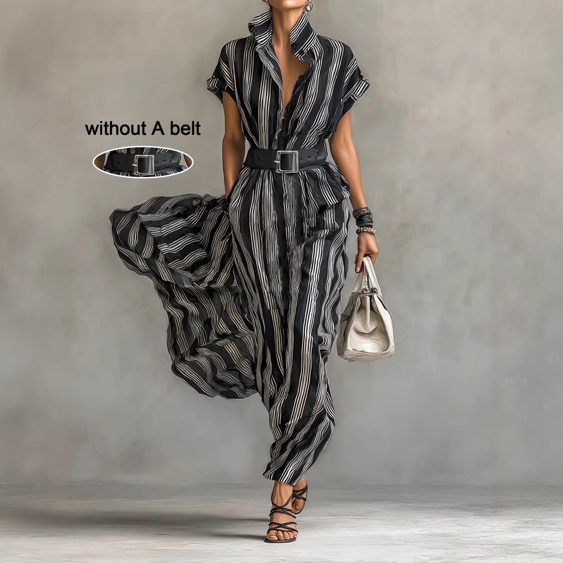 Elegant Womens Outfit Belted Short-sleeve Striped Shirt Dress - Image 5