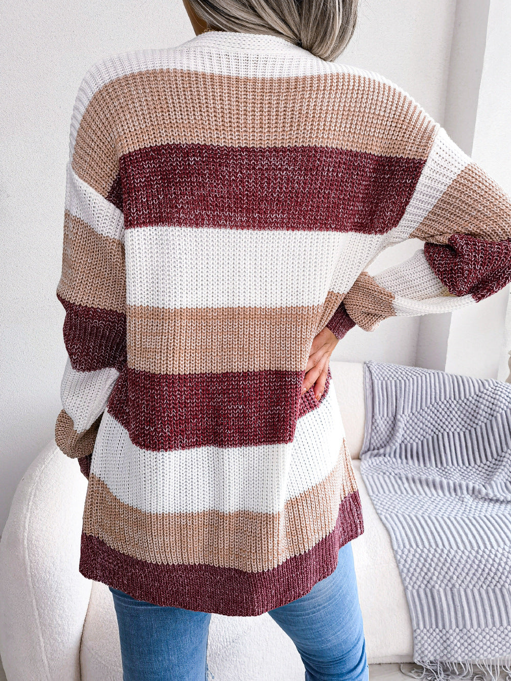 Plaid Sweater Women Casual Lantern Sleeves Cardigan Jacket Outerwear Clothes - Image 4