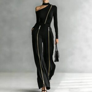 Crew-neck Long-sleeve Knit Two-way-zipper Wide-leg Pants Set