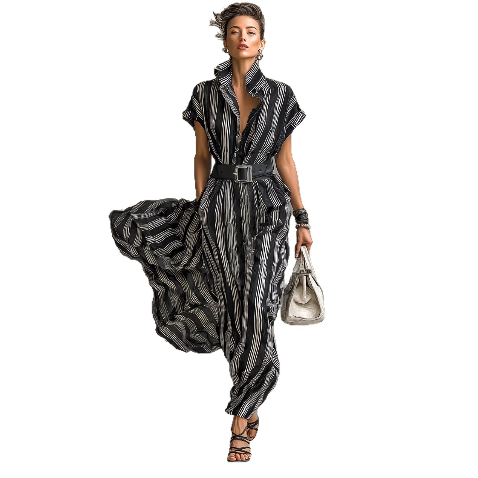 Elegant Womens Outfit Belted Short-sleeve Striped Shirt Dress - Image 4