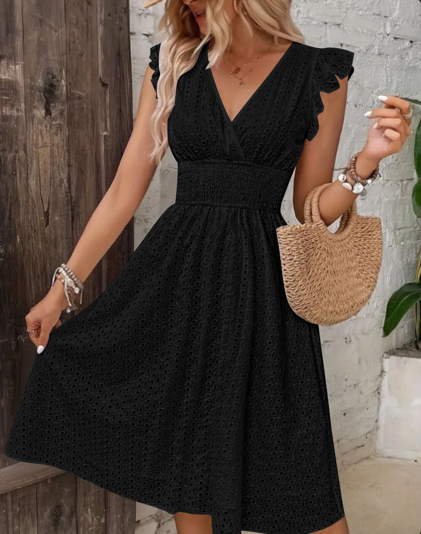 Lotus-Leaf Sleeve V-Neck Hollow-Out Embroidered Dress - Image 7