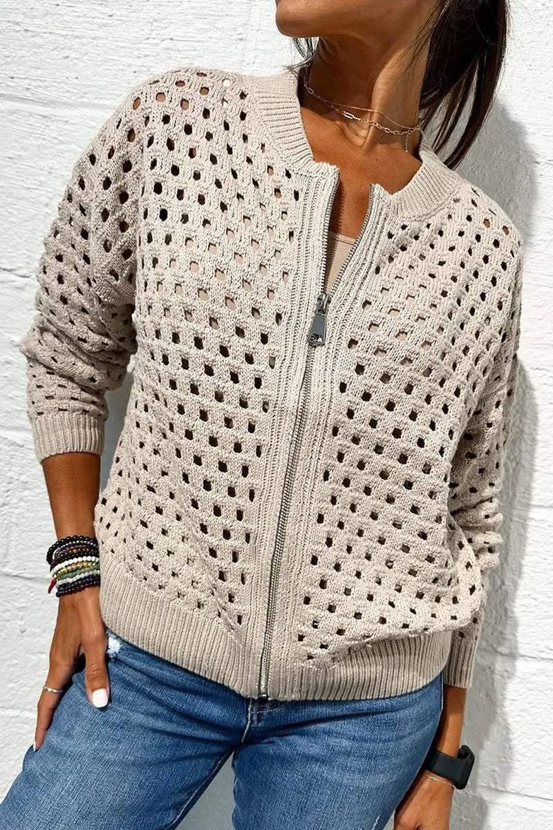 Fashion Hollow Knitted Jacket Zip-up Long-sleeved Tops Women's Clothing - Image 10