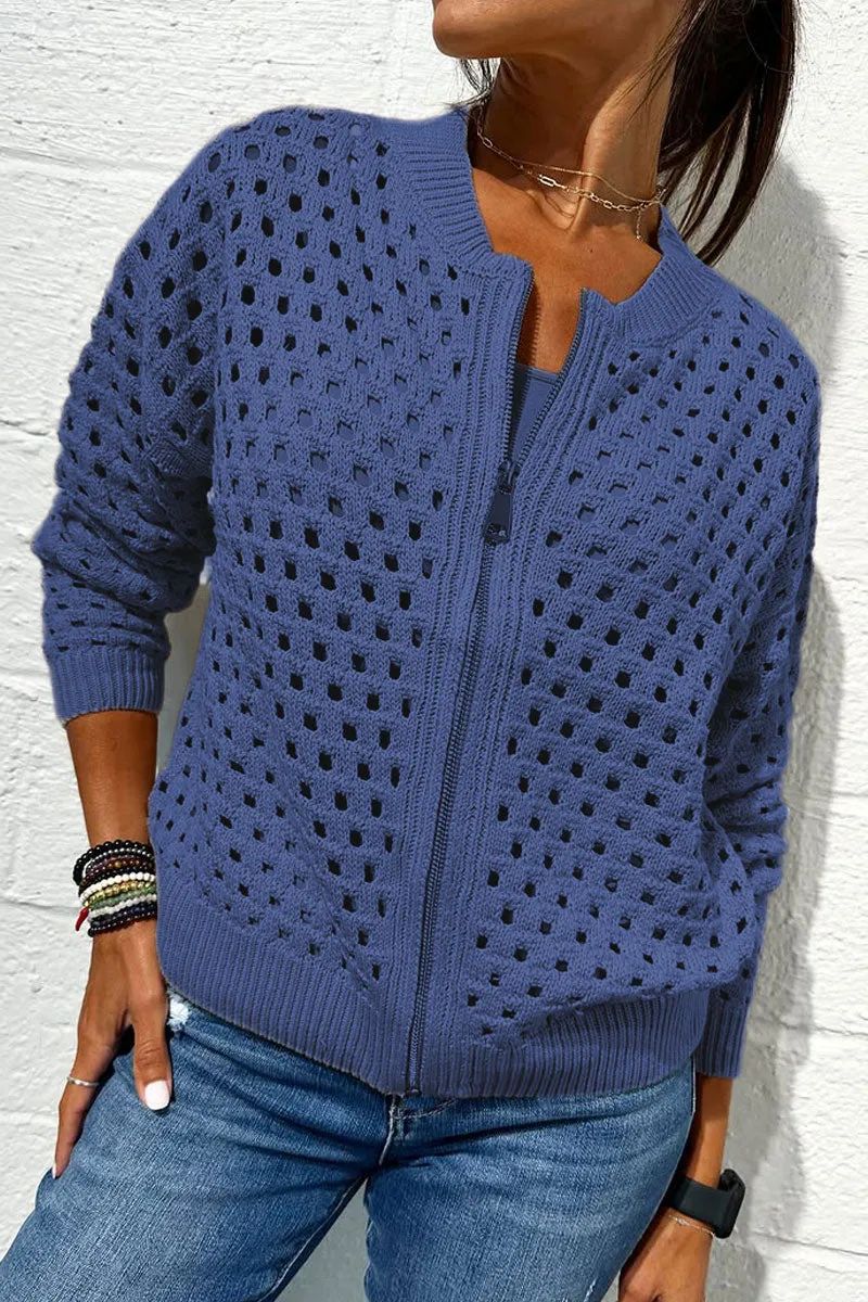 Fashion Hollow Knitted Jacket Zip-up Long-sleeved Tops Women's Clothing - Image 8