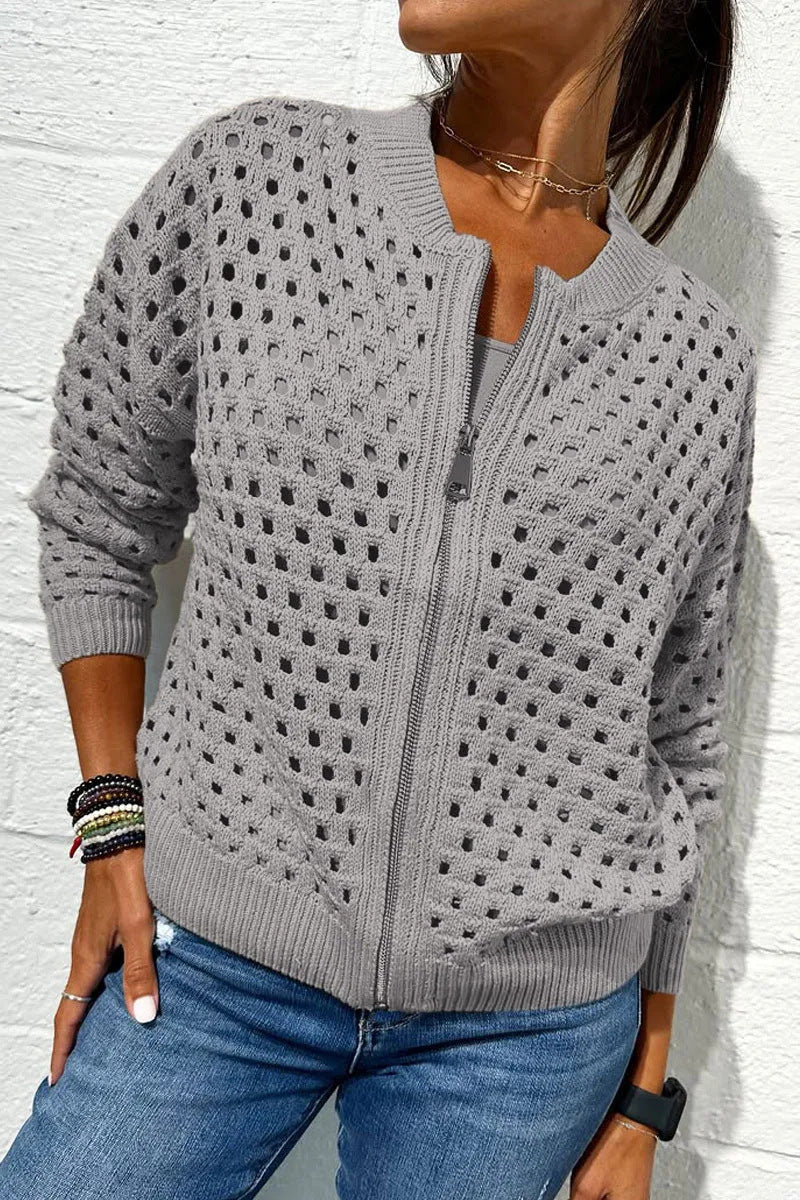 Fashion Hollow Knitted Jacket Zip-up Long-sleeved Tops Women's Clothing - Image 12