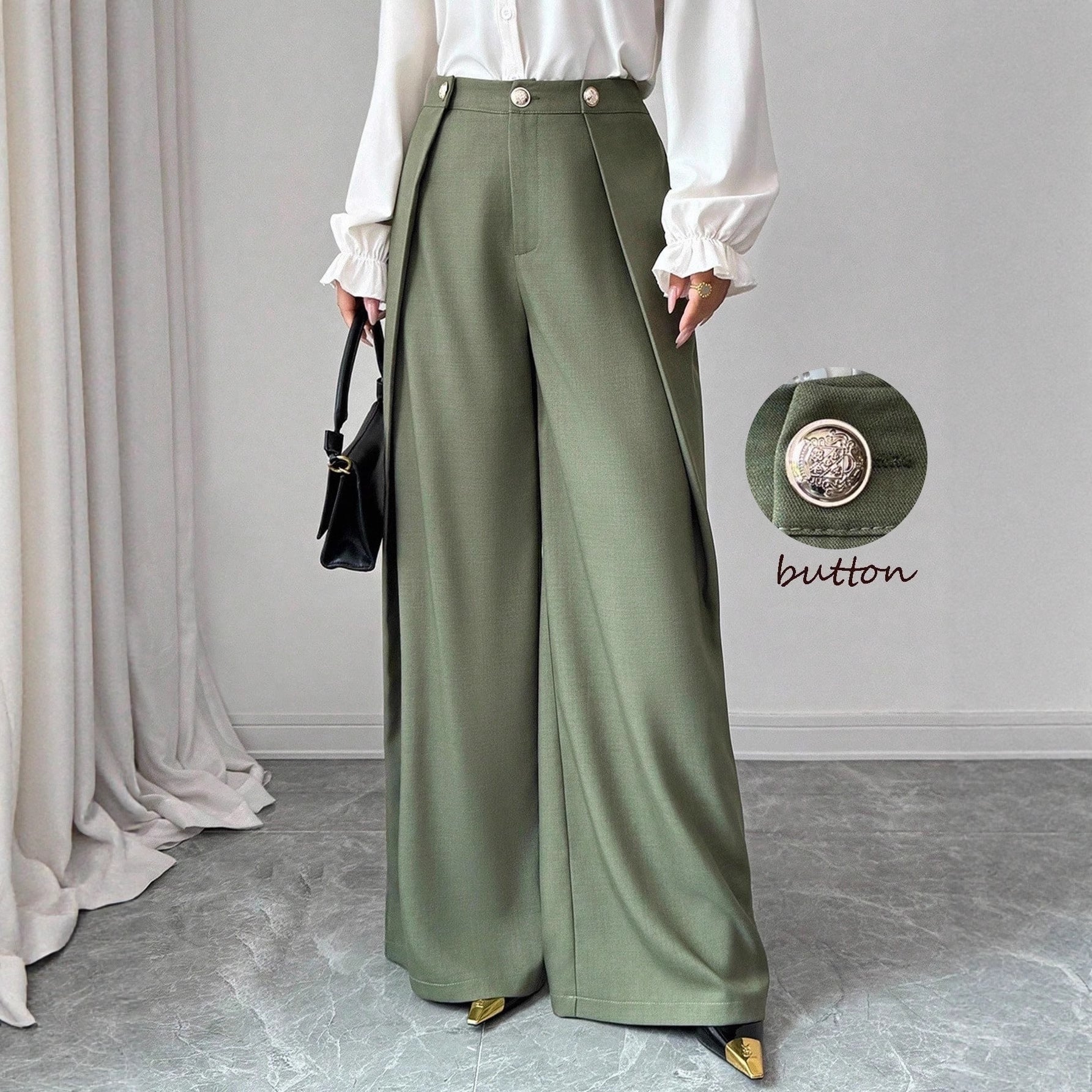 Elegant Pleated-texture Casual Pants With Buttons - Image 2